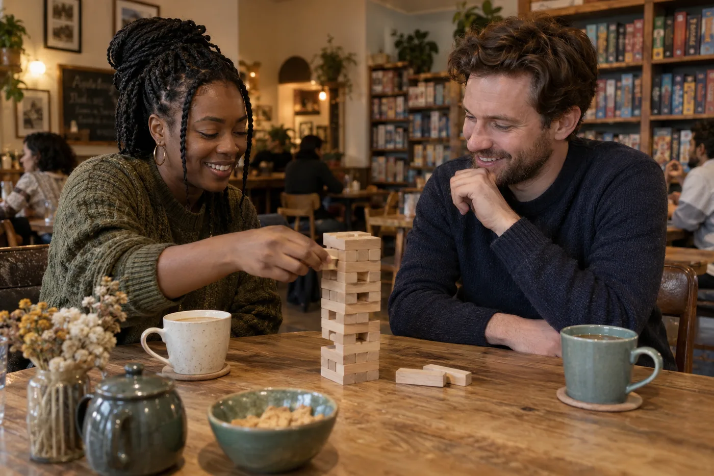 Two adults playing a wooden tabletop game over tea in a café