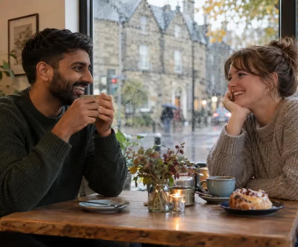 Two adults chatting over tea and a pastry in a café