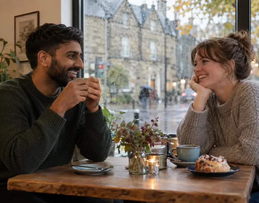 Two adults chatting over tea and a pastry in a café